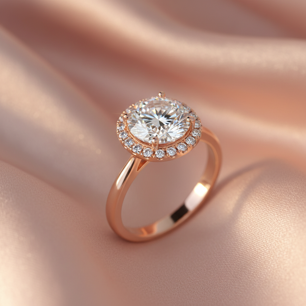 Tesorina™ Aurora Ring – Solid 18K Rose Gold | Pavé Halo 2ct Round Diamond-Style Stone