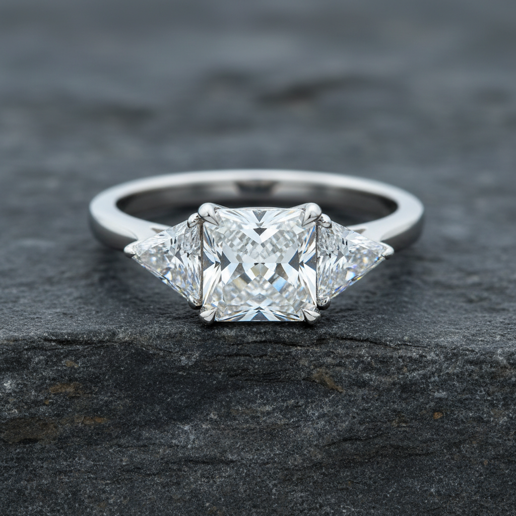Tesorina™ Sienna Ring – Solid 18K White Gold | Three Stone Princess & Trillion Diamond