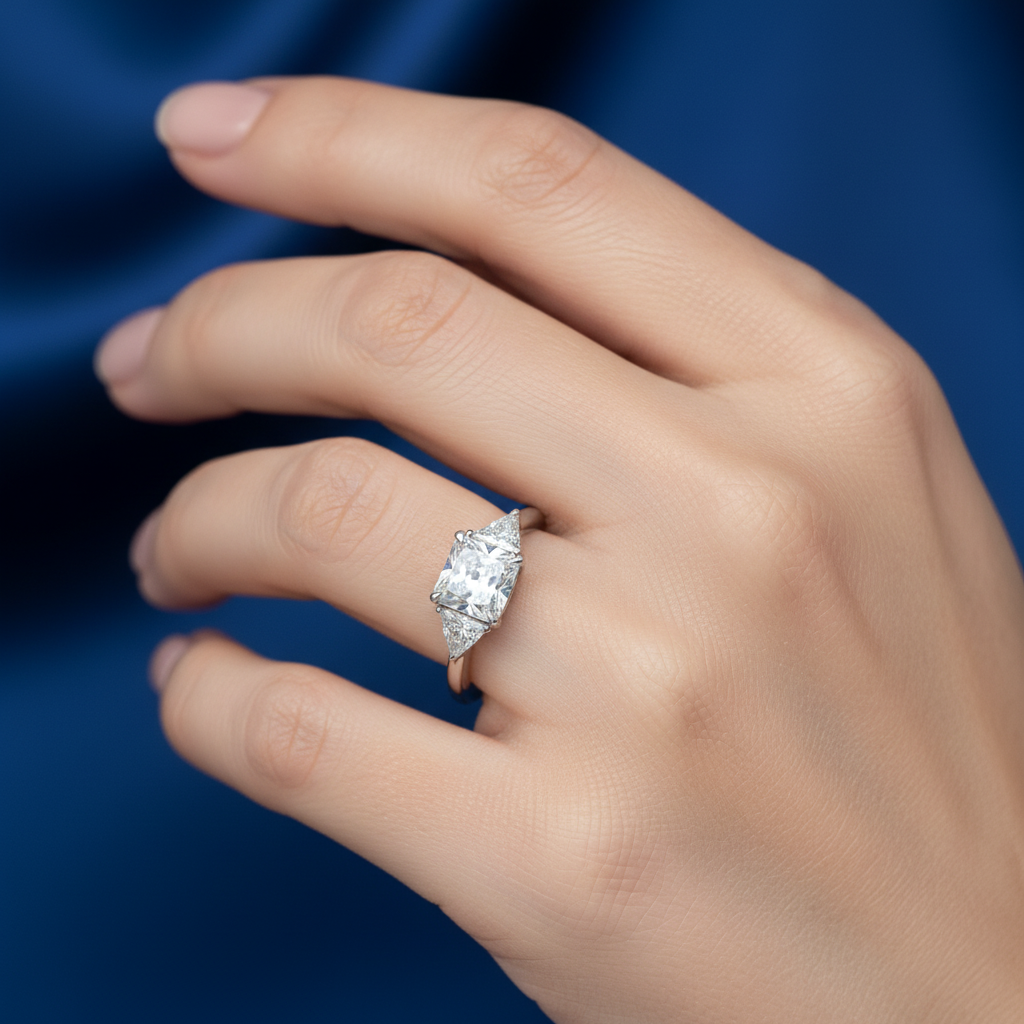 Tesorina™ Sienna Ring – Solid 18K White Gold | Three Stone Princess & Trillion Diamond