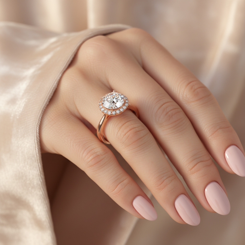 Tesorina™ Aurora Ring – Solid 18K Rose Gold | Pavé Halo 2ct Round Diamond-Style Stone